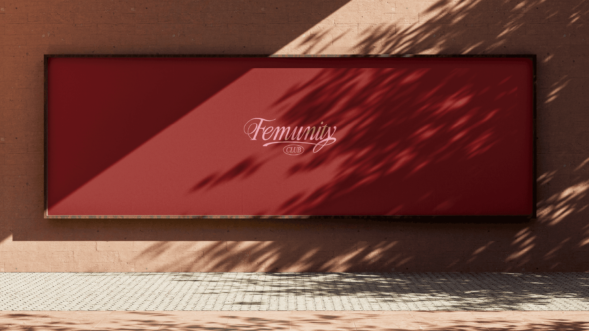 Large burgundy red Femunity Club billboard with pink logo, upscale ambiance on sunny street