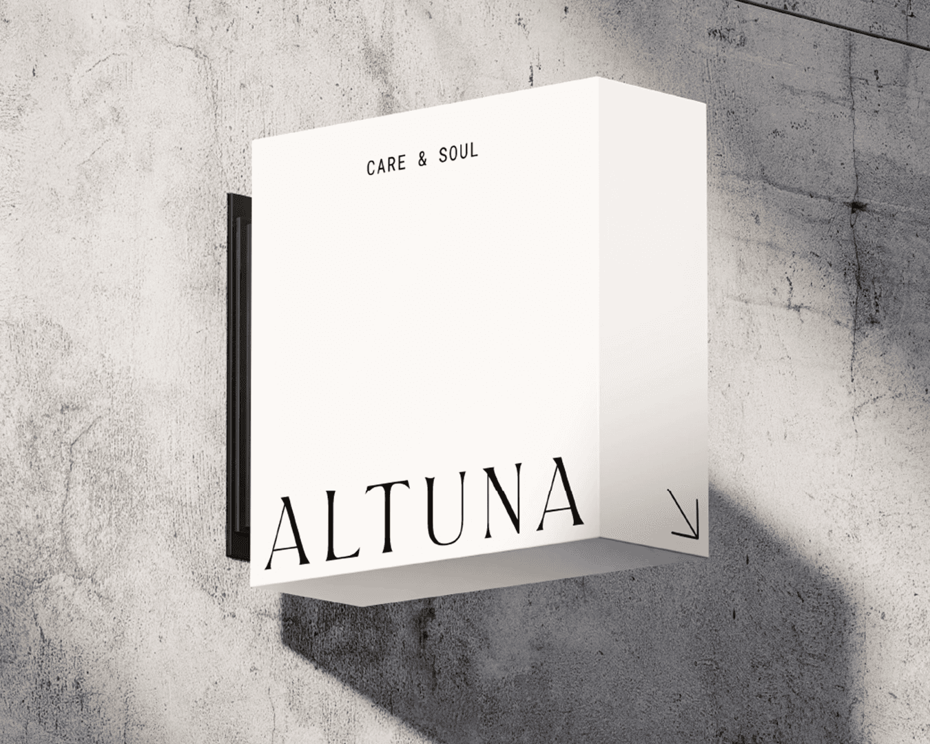 Square outdoor signage with a white background, featuring the ALTUNA “Care & Soul” black logo, designed for visual branding by Studio La Folie.