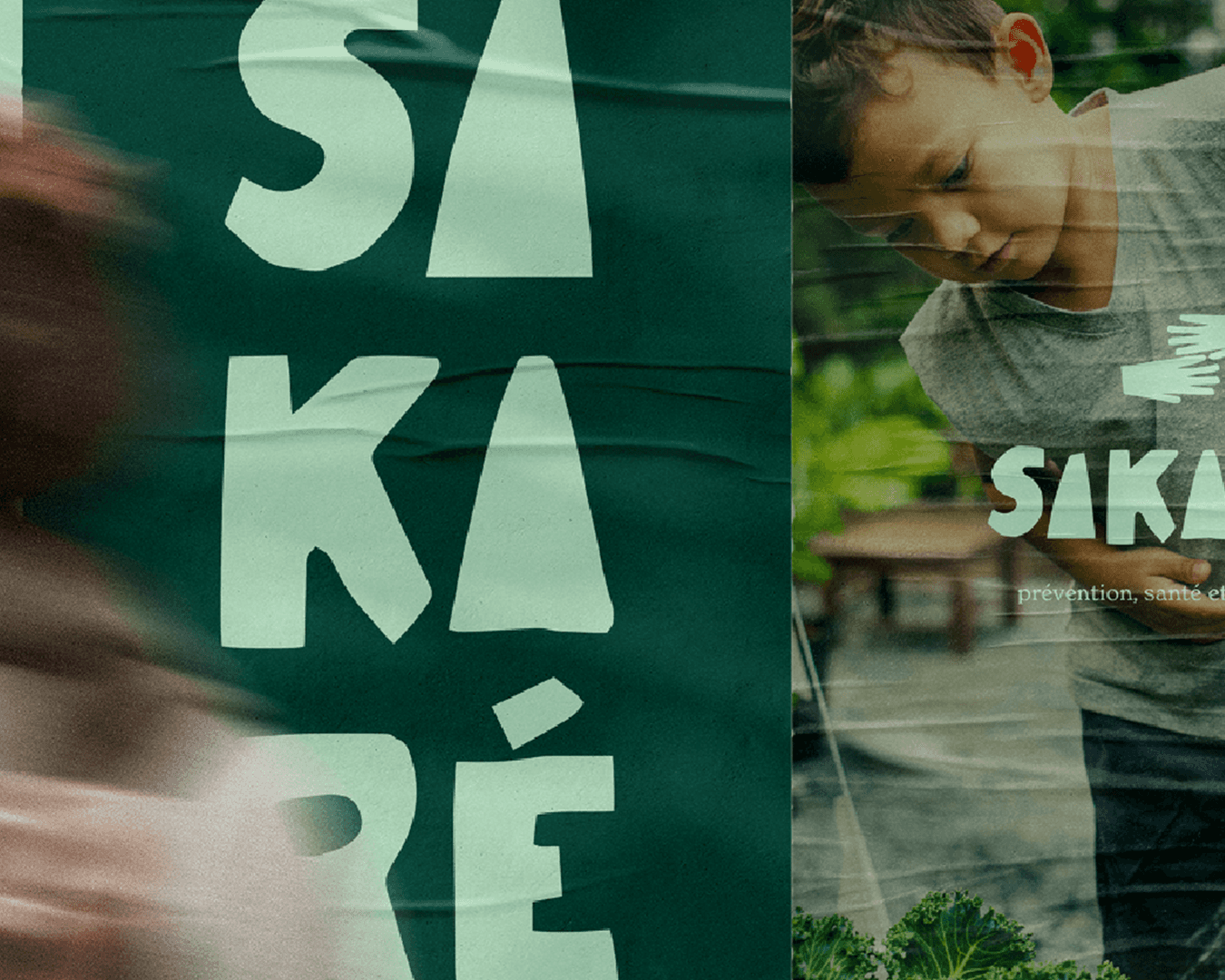 Street marketing poster for the SAKARE project, hand-drawn light green logo on a dark green background, close-up with a blurred person in motion viewing the poster, visual identity by Studio La Folie.